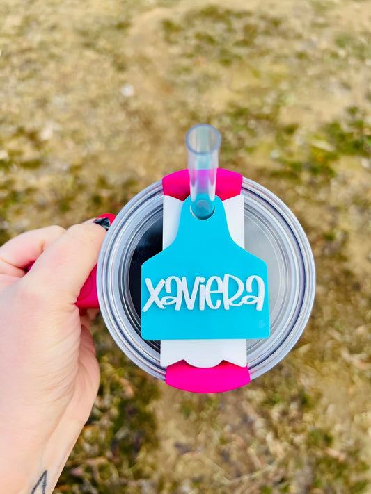 Teal Cow Tag with White Name Cup topper