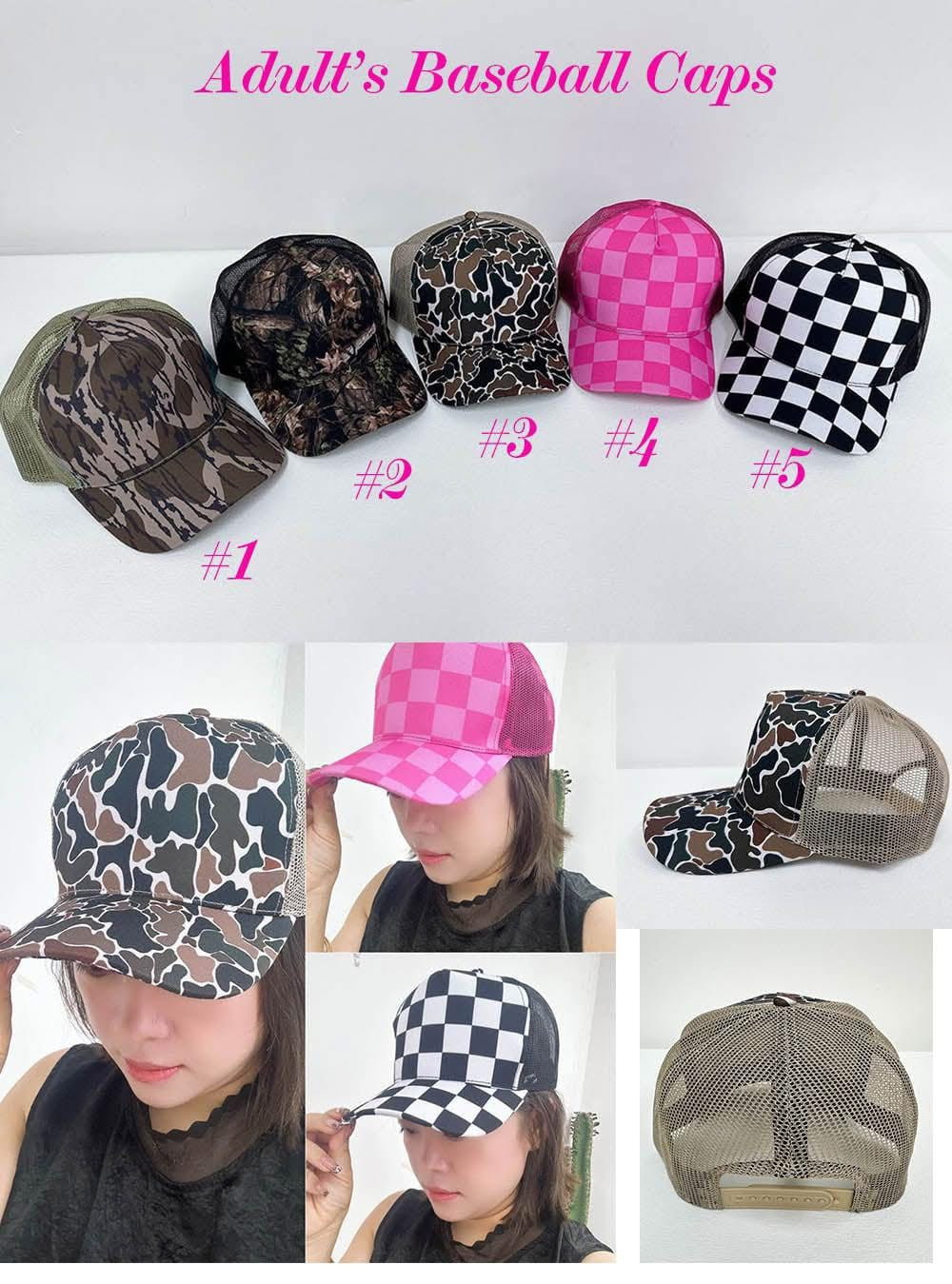 Adult Camo + Checkered Baseball Caps